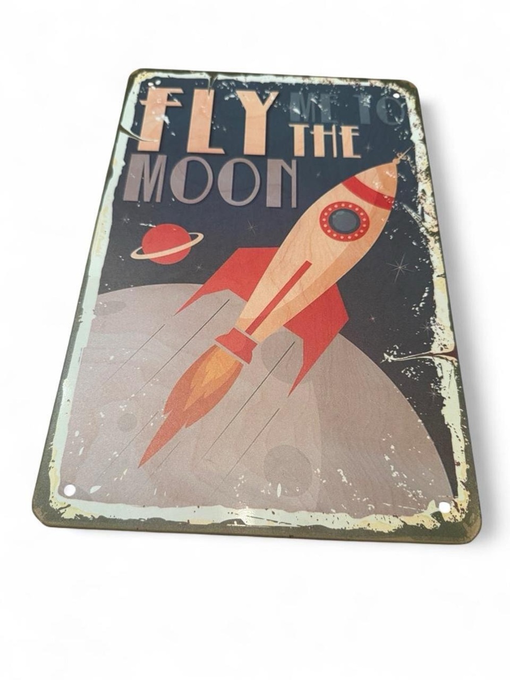Frank Sinatra Fly the Moon Retro Rocket Metal Wall Art - Red & Blue